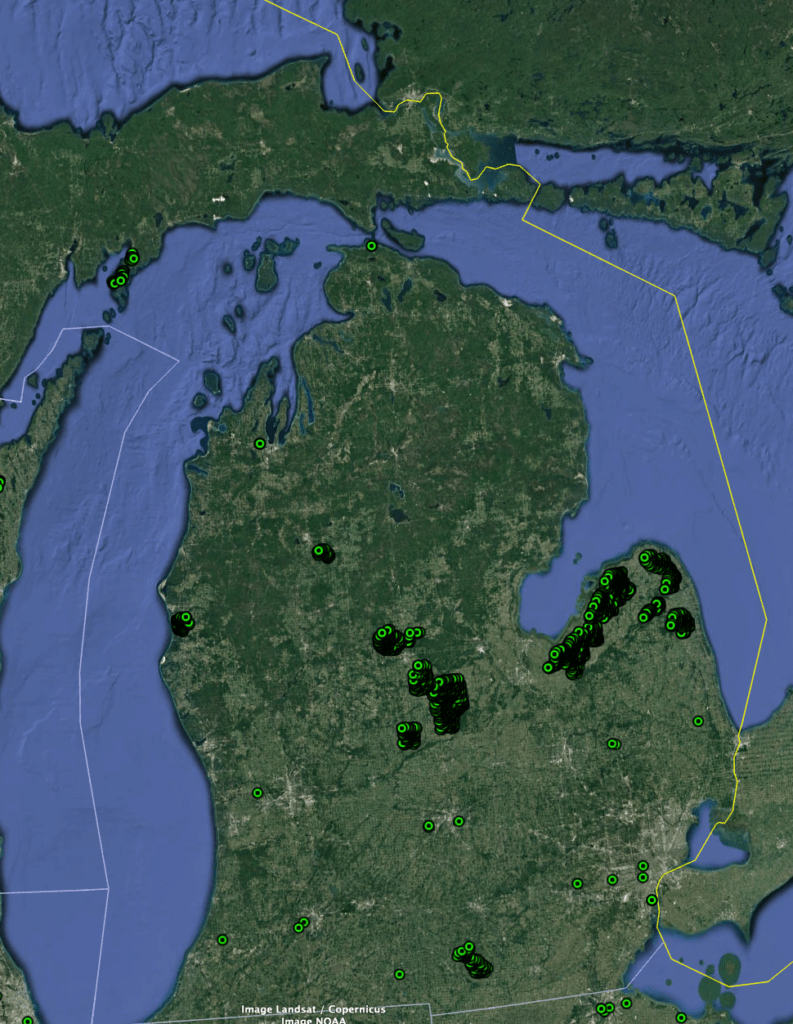 satellite graphic of state of Michigan with location of Michigan power lines