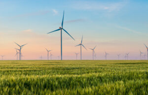 large grassy plain dotted with over 26 wind turbines