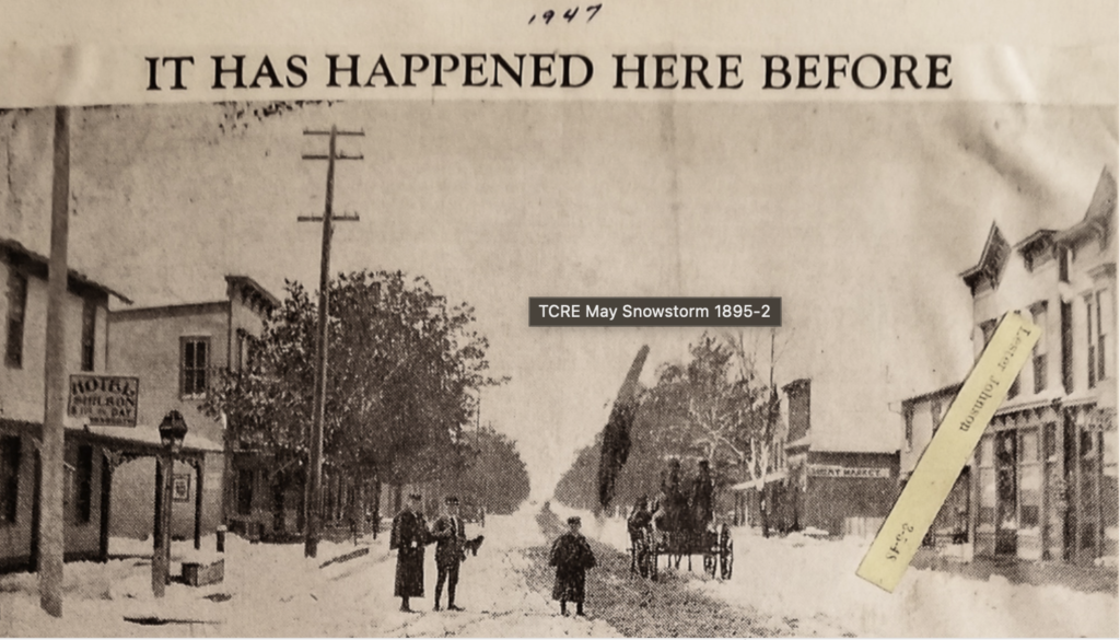 picture of 1947 newspaper article detailing snowstorm, text reads: "It Has Happened Here Before"