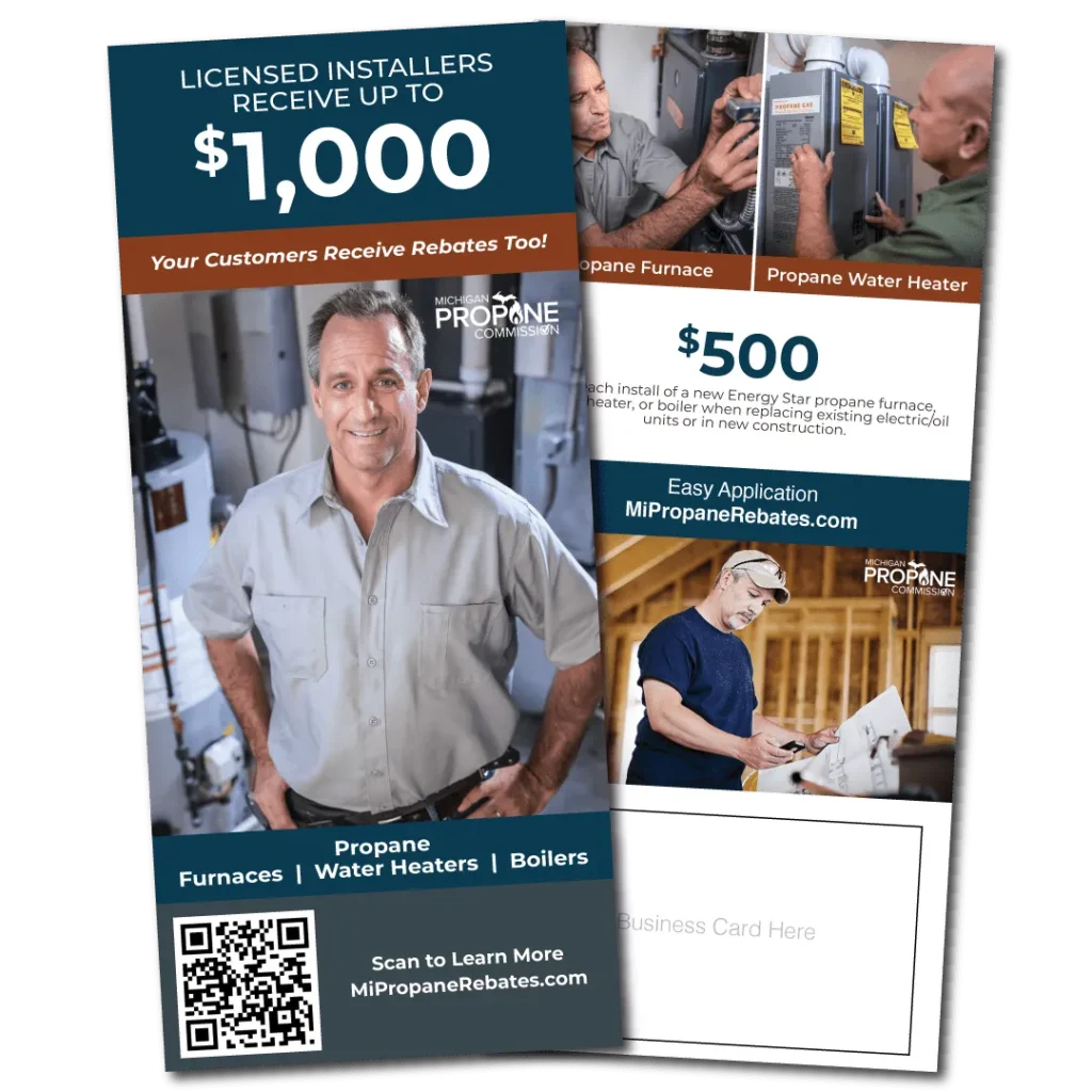 Installer rebate flyer offering up to $1,000 with photos of propane furnace and water heater installation