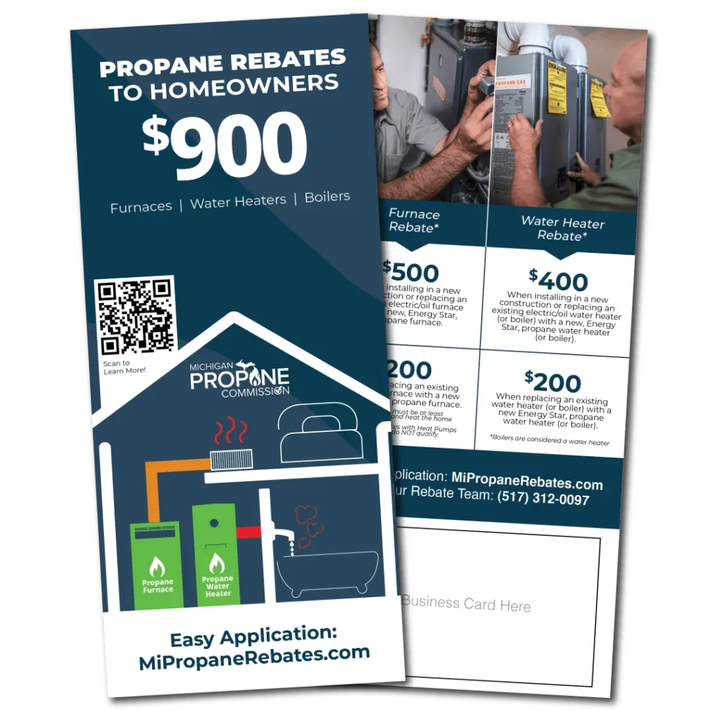 Brochure mockup advertising propane rebates up to $900 for homeowners installing furnaces or water heaters