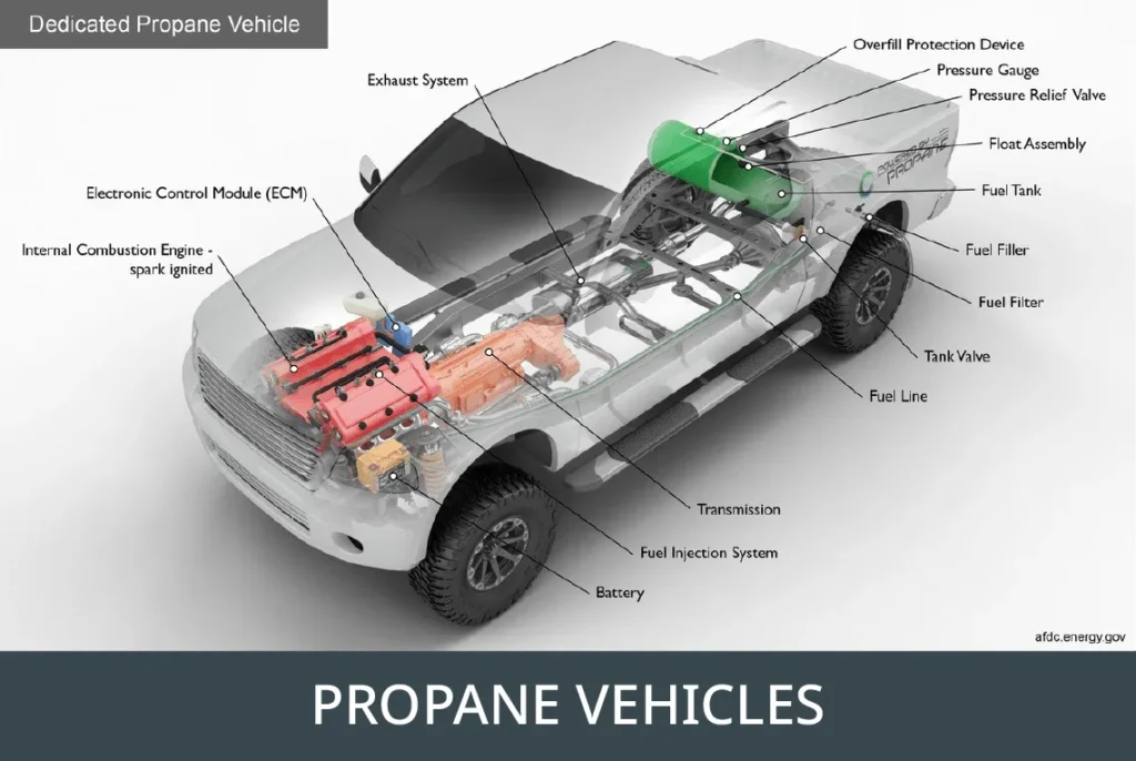 Cutaway diagram of a dedicated propane vehicle showing fuel tank, engine, fuel line, and safety components