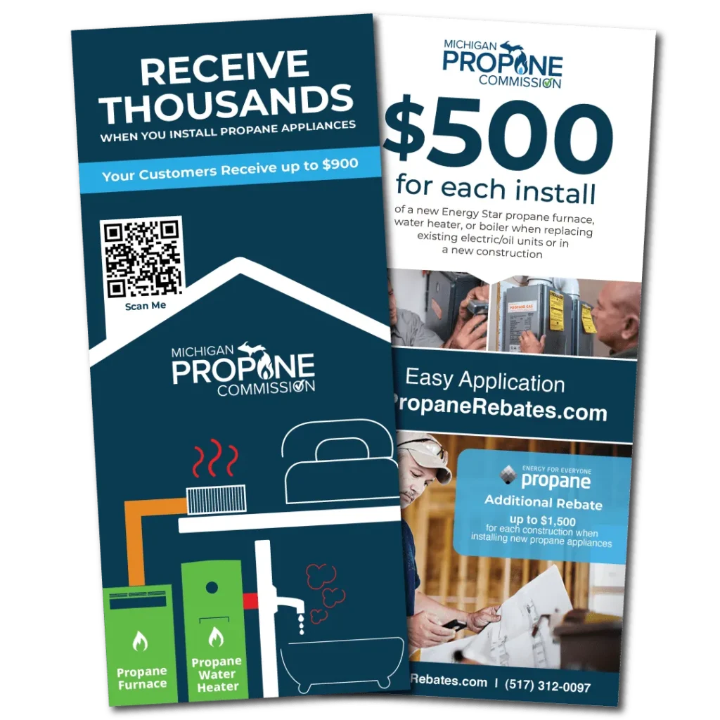 Contractor rebate brochure showing $500 per propane appliance install and easy application details