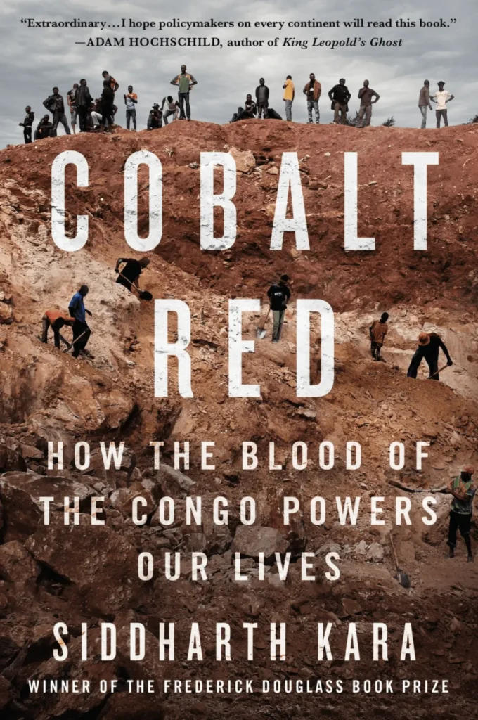 Cobalt Red book cover showing miners in an open pit with title and subtitle about Congo cobalt