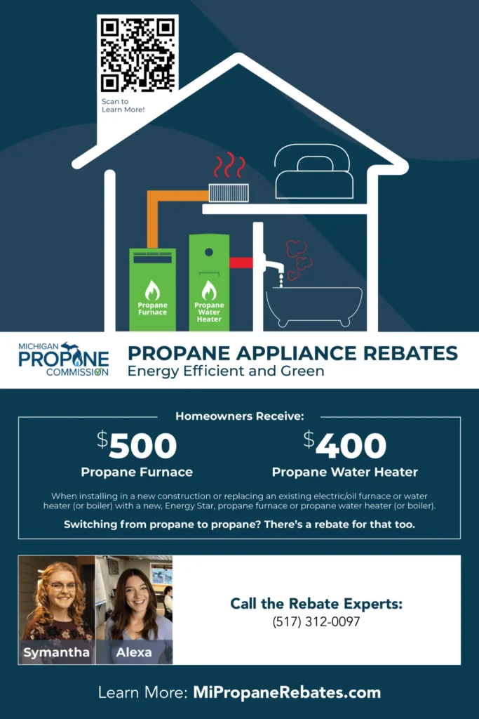 Michigan Propane Commission flyer promoting $500 furnace and $400 water heater propane appliance rebates