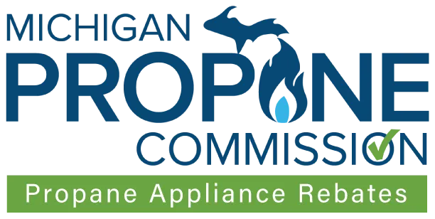 Michigan Propane Commission Propane Appliance Rebates logo with blue text and green rebate banner