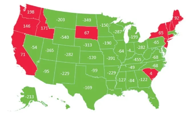 U.S. map with state-level green and red values showing regional carbon intensity comparisons